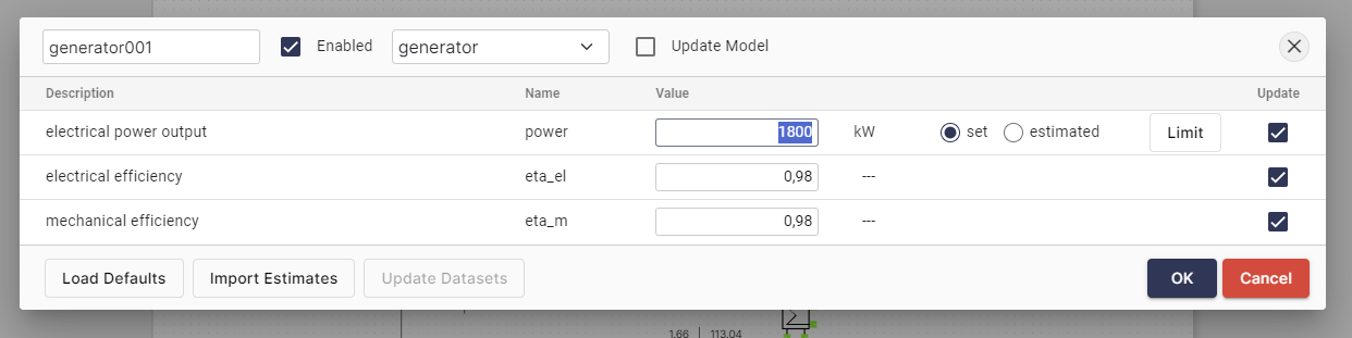 generator001: set electrical power output to 1800 kW
