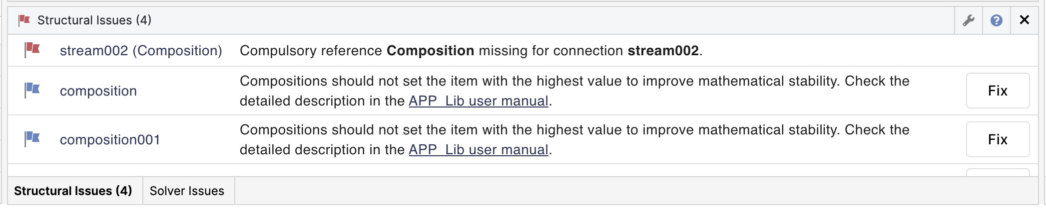 Structural issues show potential issues in the process flowsheet before running calculation.